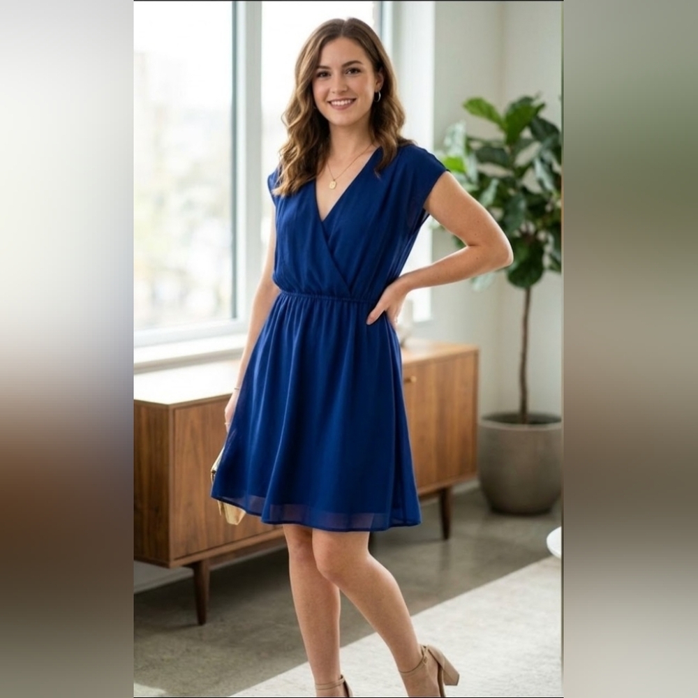H&M Cobalt Blue V-Neck Wrap-Style Mini Dress
